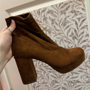 Faux Suede Brown Heeled Boots